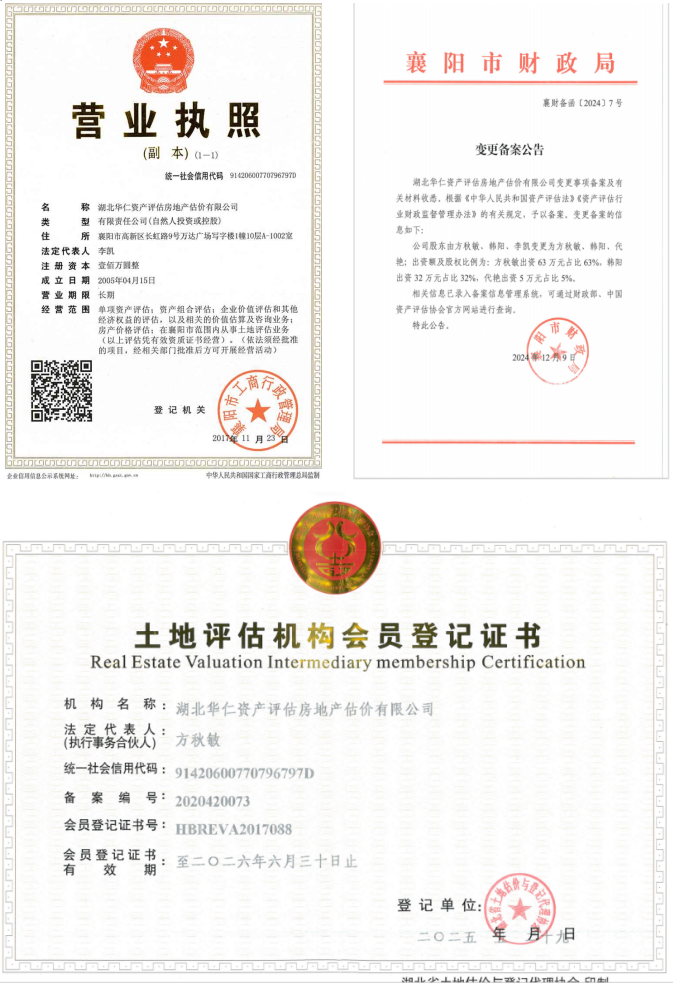 華仁資產(chǎn)評估房地產(chǎn)估價(jià)有限公司營業(yè)執(zhí)照、資產(chǎn)評估備案公告、土地評估機(jī)構(gòu)登記證書